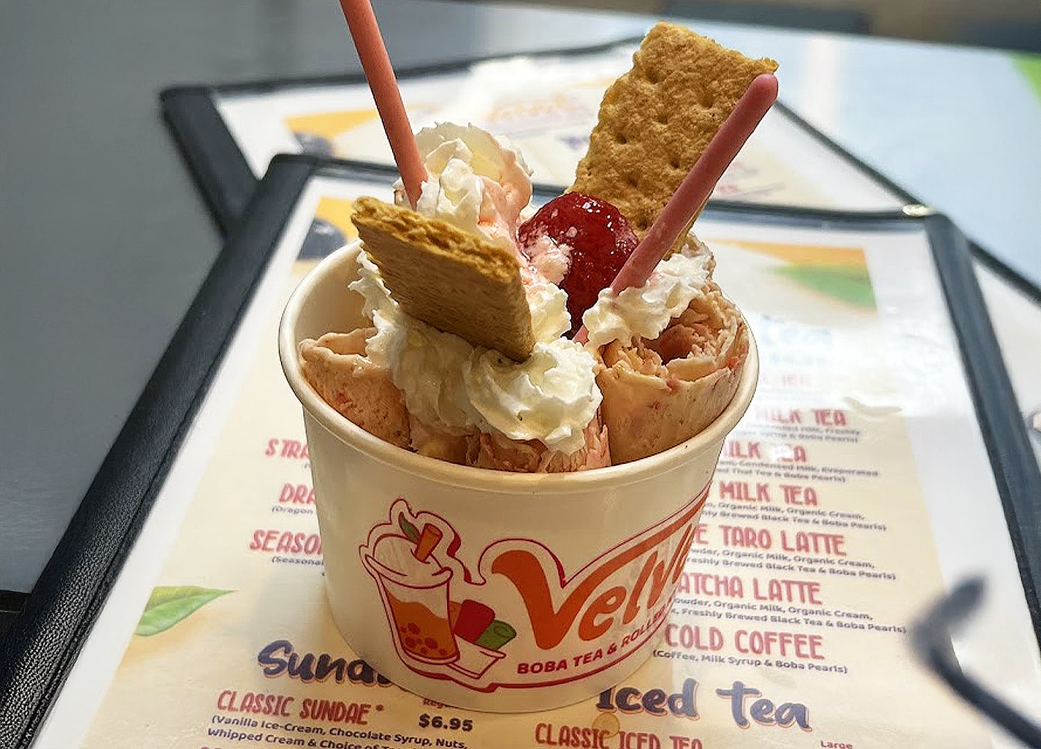 Velvet Boba Tea and Rolled Ice Cream