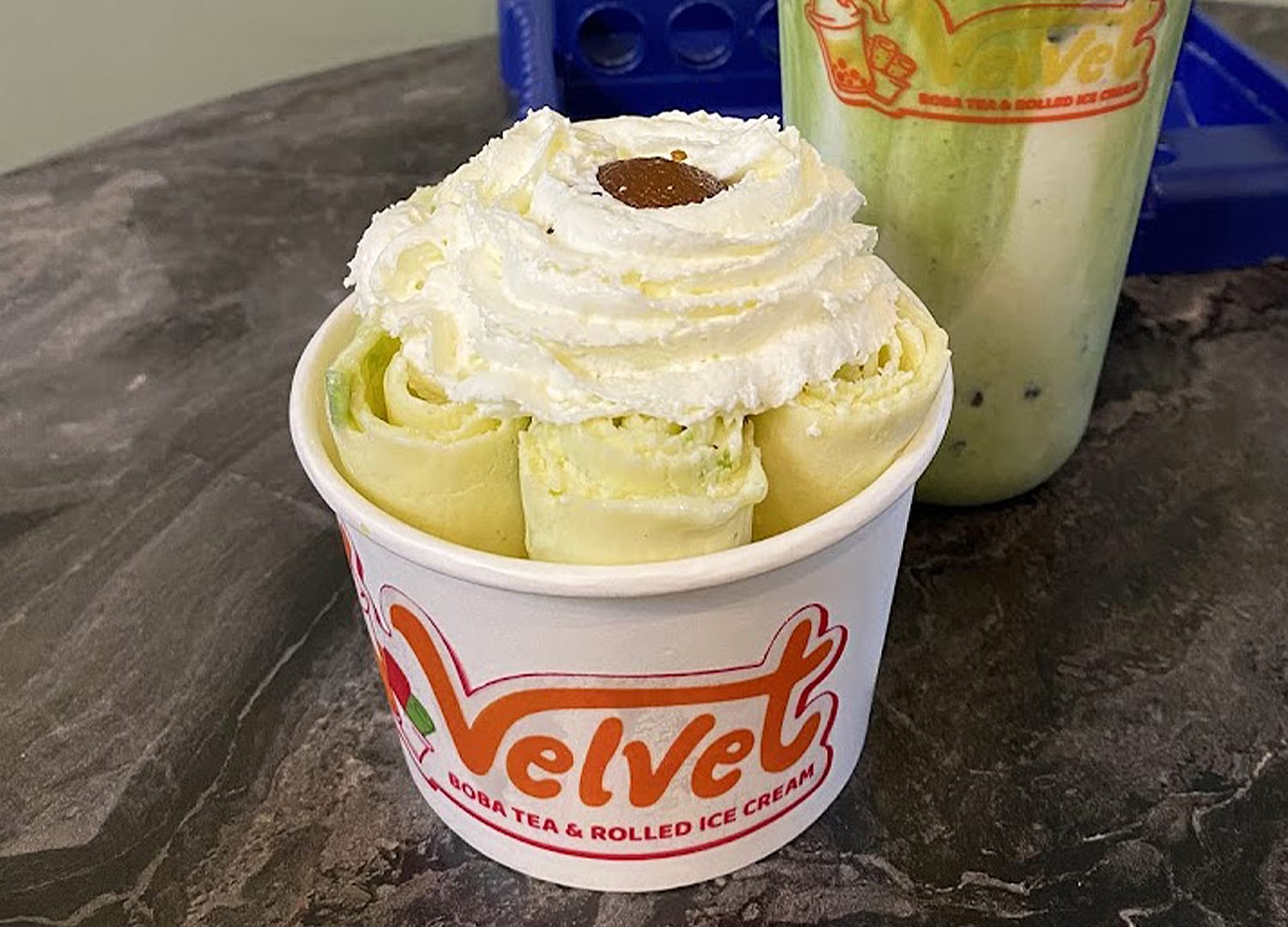 Velvet Boba Tea and Rolled Ice Cream